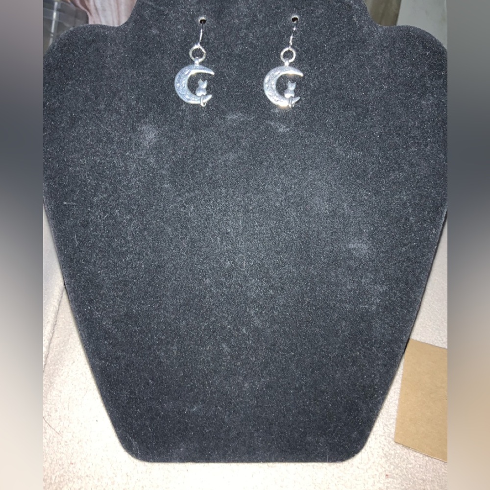Cat sitting in a moon dangle earrings charm